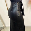Stylish Faux Leather Skirt with Bow Waist and Side Slit