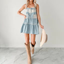 Chic Denim Pinafore Dress with Lace Trim and Frayed Hem