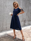 Stylish Women's Midi Dress with Bow and Belt