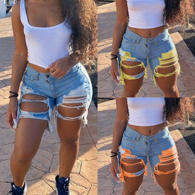 Trendy Women's Distressed Denim Shorts with Frayed Edges