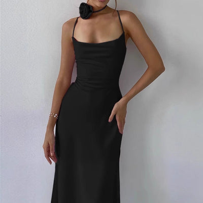 Chic Maxi Dress for Women - Slim Spaghetti Straps & Deep Neckline
