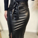 Figure-Hugging Faux Leather Skirt with Bow Accent