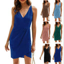 Chic Women's V-Neck Short Wrap Dress with Asymmetrical Hem