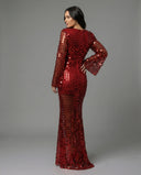 Stunning Evening Dress with Sequins and Sheer Sleeves