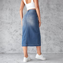 High Cut Slit Denim Skirt with Frayed Hem for Women