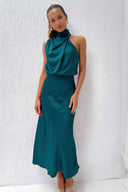 Chic Maxi Dress with Stand-Up Collar and Draped Design