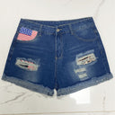 Stylish Women's Denim Shorts with Flag Motif and Distressed Accents