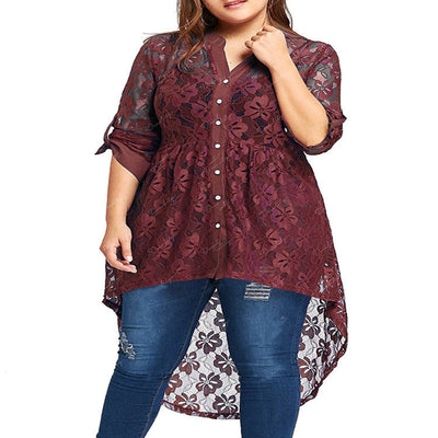 Chic Floral Lace Long Blouse with Asymmetrical Hem