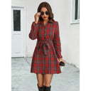 Checkered Pattern Women's Shirt Dress with Belt