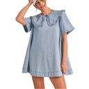 Chic Women's Denim Dress with Ruffled Collar