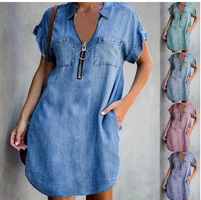 Women's Denim Dress with Pockets and Zipper