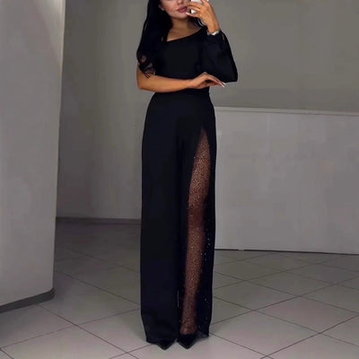 Chic Women's Jumpsuit with Sheer Inserts and Sequin Detail