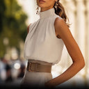 Chic Stand-Up Collar Blouse with Pleats for Women
