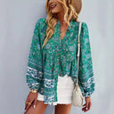 Colorful Floral Women's Blouse with Ruffled Sleeves