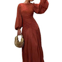 Chic Pleated Maxi Dress with Ruffles and Long Sleeves