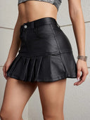 High Waist Faux Leather Pleated Mini Skirt for Women