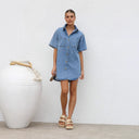 Stylish Women's Denim Shirt Dress with Pockets