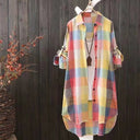 Chic Oversized Checkered Blouse for Women with Long Roll-Up Sleeves