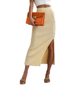 Chic Knee-Length Skirt with Slit and Button Accents