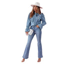 Chic Denim Blouse with Ruffled Accents and Knotted Neckline