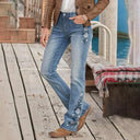 Mid Waist Flamingo Embroidered Denim Pants