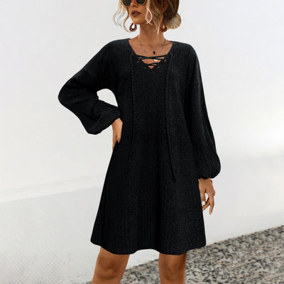 Chic V-Neck Long Sleeve Knit Dress for Women