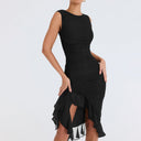 Chic Cocktail Dress with Ruffle Accents and Asymmetrical Hem