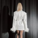 Chic V-Neck Blazer Dress with Feather Accents