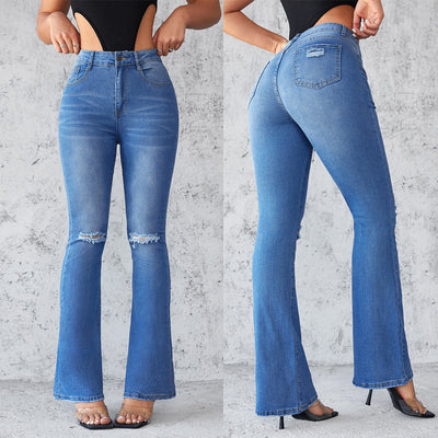 High-Waisted Women's Flared Jeans with Stylish Rips