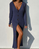 Chic Long Knit Dress with Deep V-Neck & Button Accents