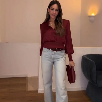 Chic Women's Blouse with Elastic Waist & Stylish Buttons