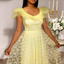 Women's Floral Lace Midi Dress with Tulle Sleeves