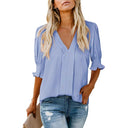 Chic V-Neck Blouse with Ruffled Sleeves and Pleats