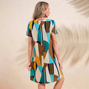 Geometric Pattern Women's Short Sleeve Dress with Button Placket