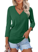 Women's Button Placket V-Neck Long Sleeve Top