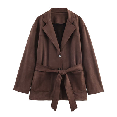 Chic Suede Blazer Jacket with Waist Belt for Women