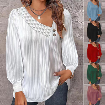 Asymmetric Collar Blouse with Decorative Buttons for Women