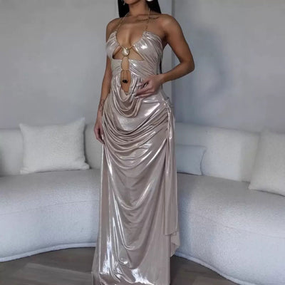 Chic Evening Dress with Deep V-Neck and Shimmering Accents