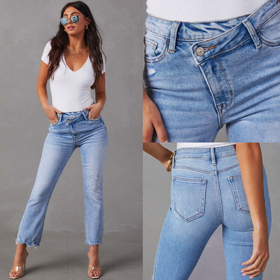 Chic Flared Jeans with Frayed Hems and Trendy Distressed Style
