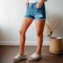 Women's Elastic Waist Denim Shorts with Distressed Style