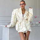 Floral Design Blazer Jacket with Waist Belt for Women