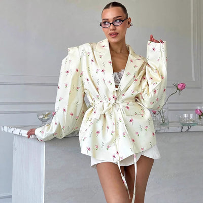 Floral Design Blazer Jacket with Waist Belt for Women
