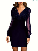 Stylish Glitter Cocktail Dress with Sheer Sleeves
