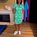 Graphic Print Short Sleeve Shirt Dress with Side Pockets