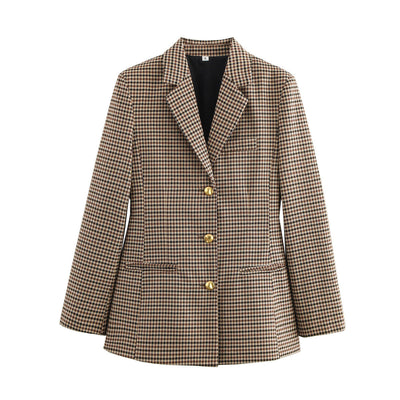 Stylish Women's Checked Blazer with Decorative Buttons