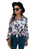 Floral Print Women's Long Sleeve Blouse with Stand-Up Collar