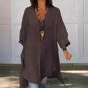 Elegant Women's Linen Blouse with Button Placket and Roll-Up Sleeves