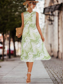 Women's Midi Dress with Modern Wave Pattern and Stand-Up Collar
