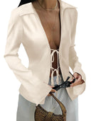 Chic Women's Blouse with Lacing and Flowing Sleeves