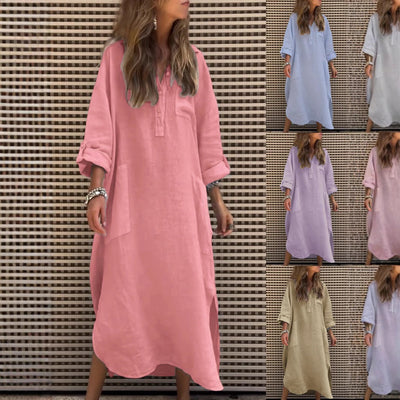 Chic Women's Midi Dress with Button Placket and Pockets